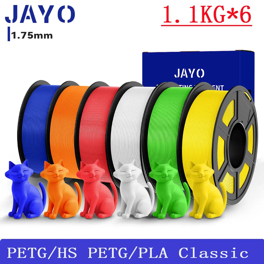JAYO Filament do drukarek 3D PETG/HS PETG/PLA Classic 1.75MM 6 rolek Wysoka wytrzymałość Bez pęcherzyków Czysto nawinięty do FDM DIY Materiał na prezent
