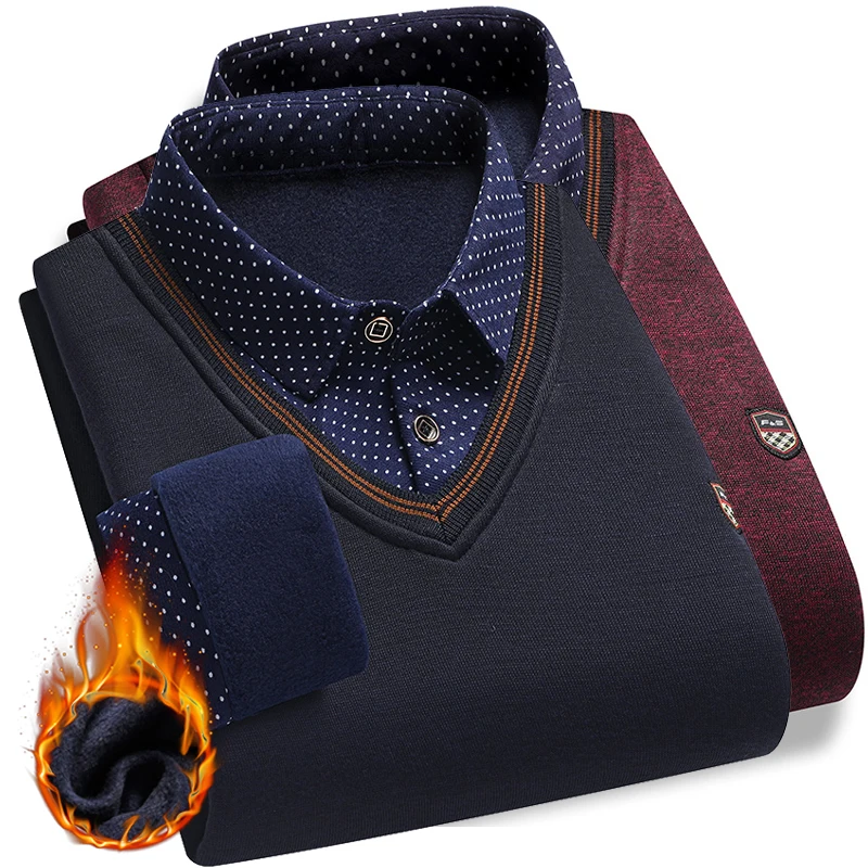 Männer Plüsch Pullover Herbst Winter Gefälschte Zwei Stück Pullover Polo-Shirt Kragen Fleece Dicke Warme Top Kleidung Casual Jumper