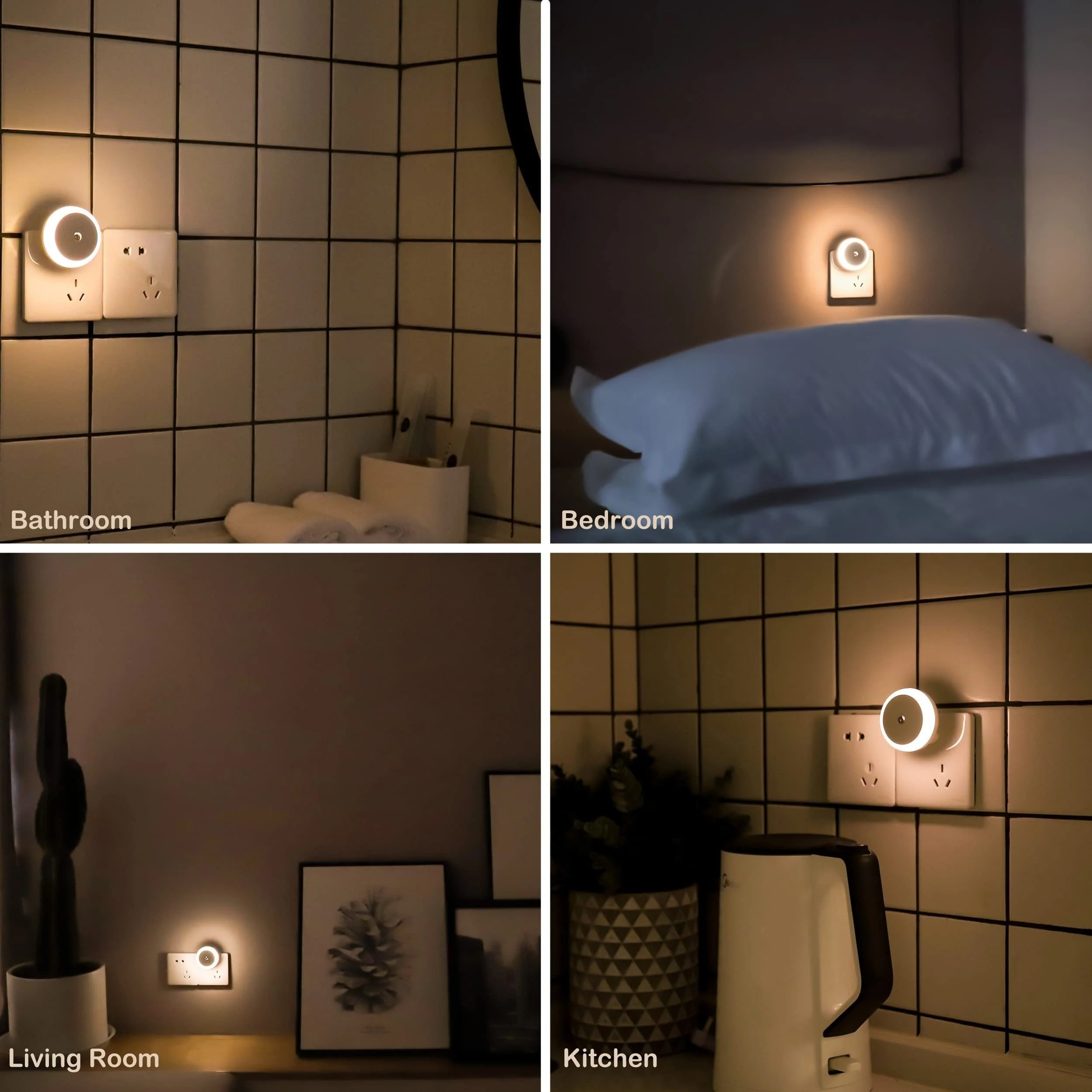 Luz LED nocturna enchufable con Sensor de atardecer al amanecer, luz nocturna de pared inteligente para baño, dormitorio, hogar, cocina, pasillo, lámpara redonda, 1 ud.