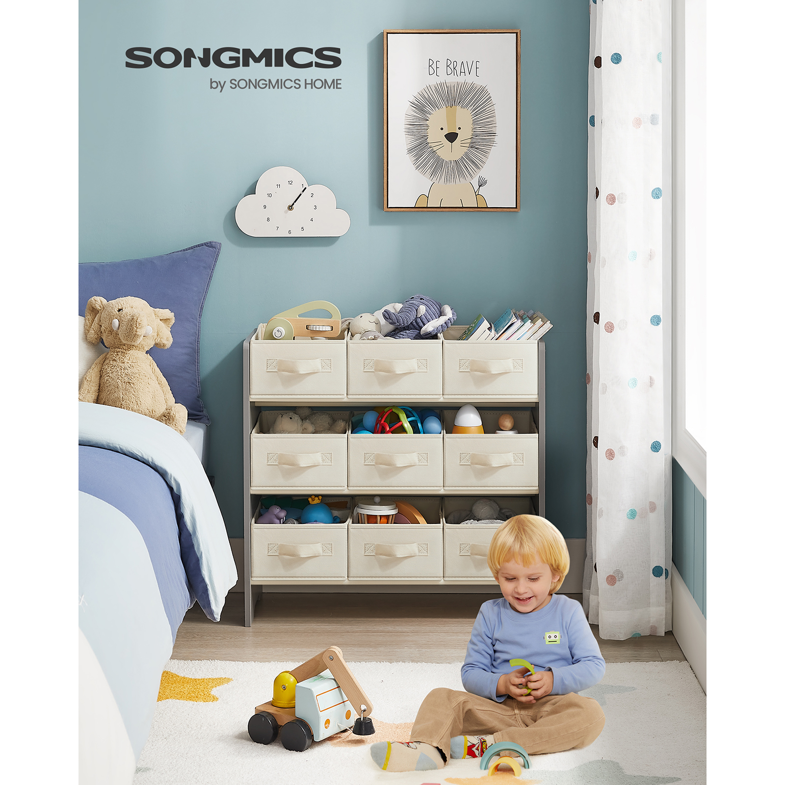 SONGMICS-organizador de juguetes para niños, estantería con 9 cajas de tela, espaciosa, 29,5x62,5x60cm, color gris Paloma
