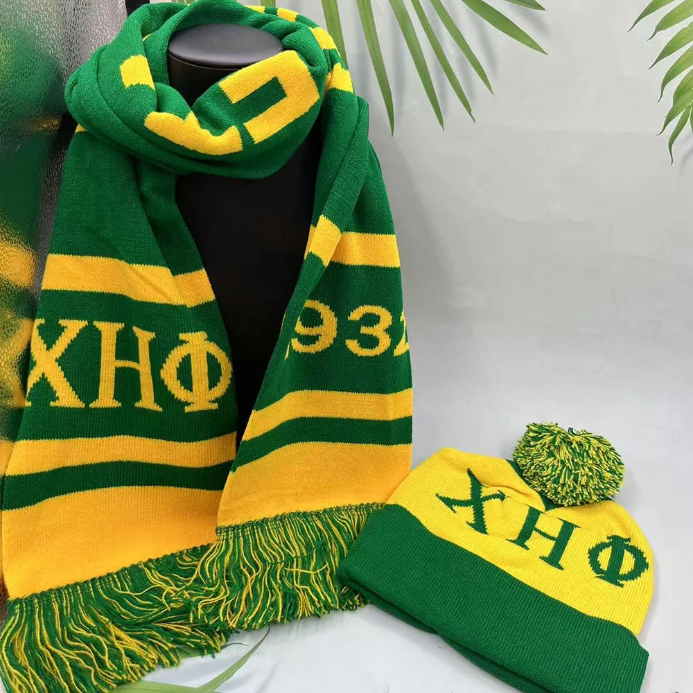 Chi Eta Phi ウール ニット レディース ウィンター グリーン イエロー スカーフ 帽子 セット 1932 女性用 ギフト