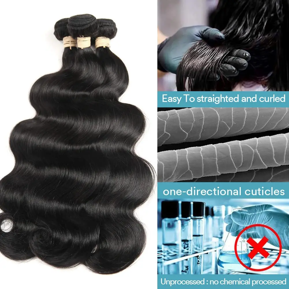 Cabelo Humano Brasileiro Da Onda Do Corpo com Frontal, Extensões De Cabelo Real, Laço Transparente 13x4, 100% Natural, 3 Pacotes