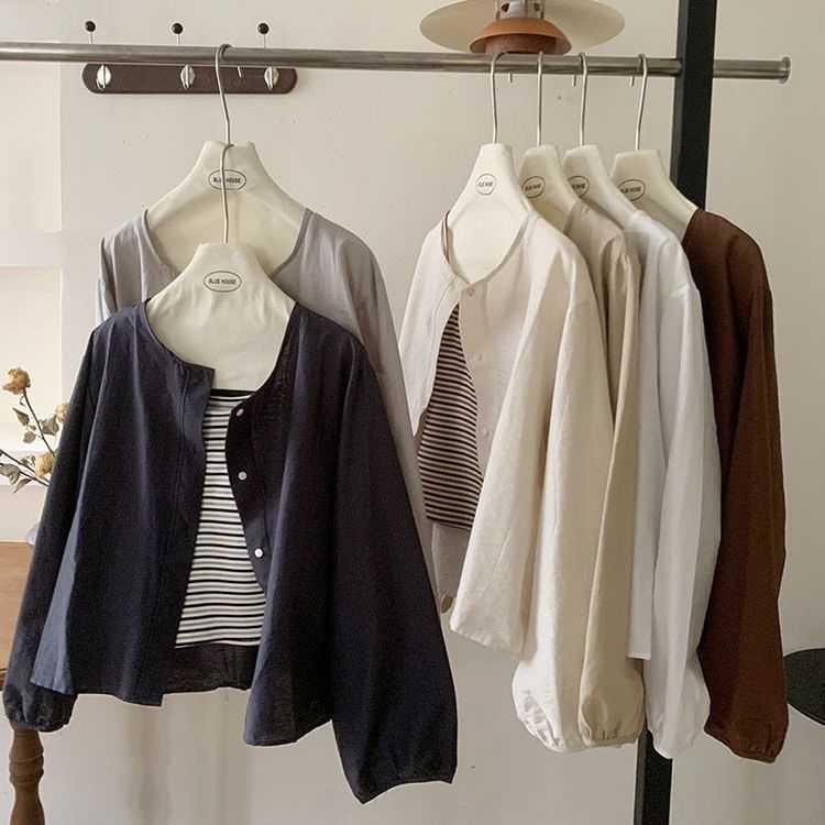 Csa Casual de Manga Longa Estilo Coreano para Mulheres, Versátil e Artística, Top de Gola Redonda, Casaco Solto para o Dia...