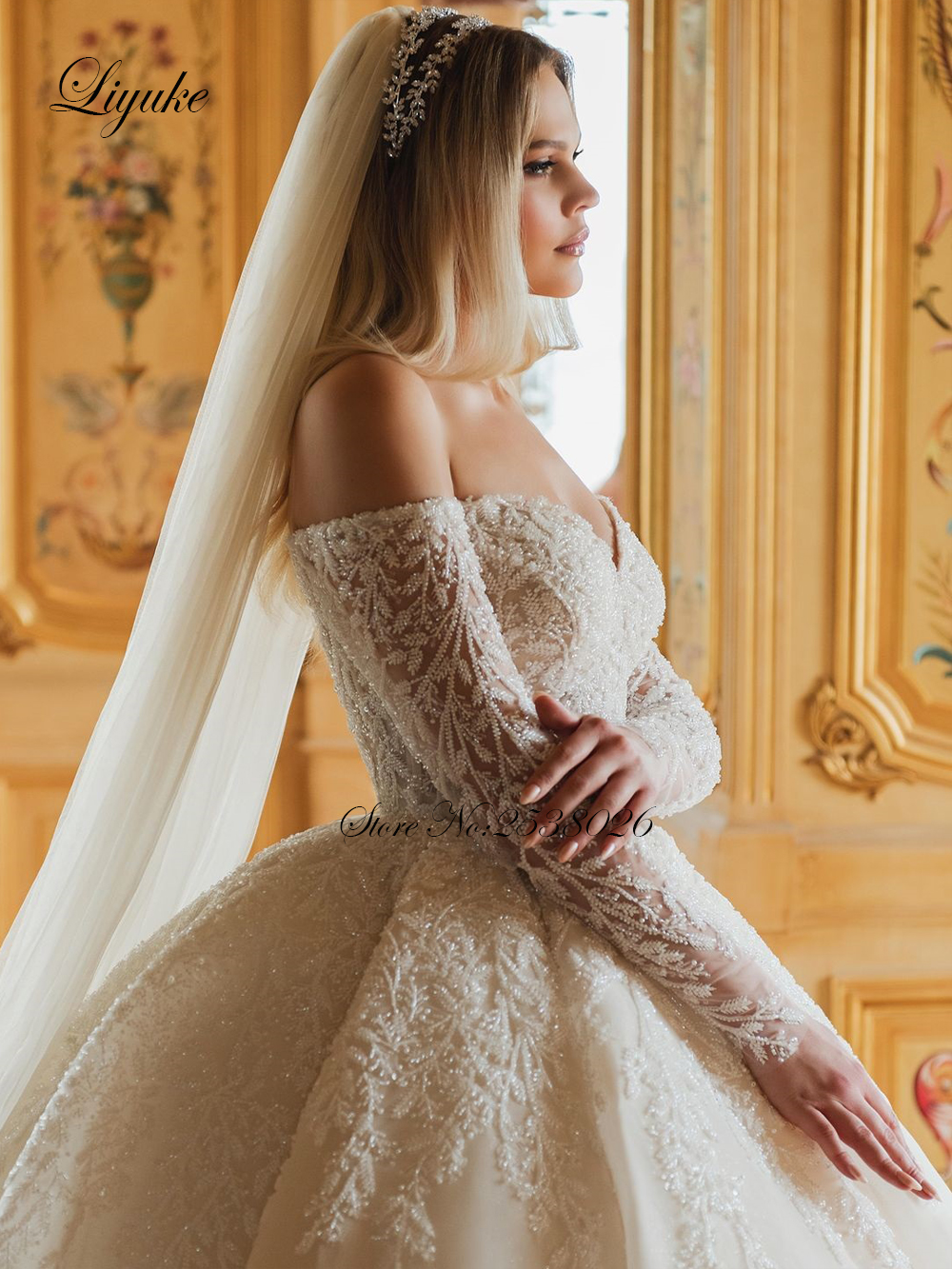 VEYUKE-Robe de mariée princesse en perles, tenue de Rh, manches longues, dentelle scintillante, pour patients