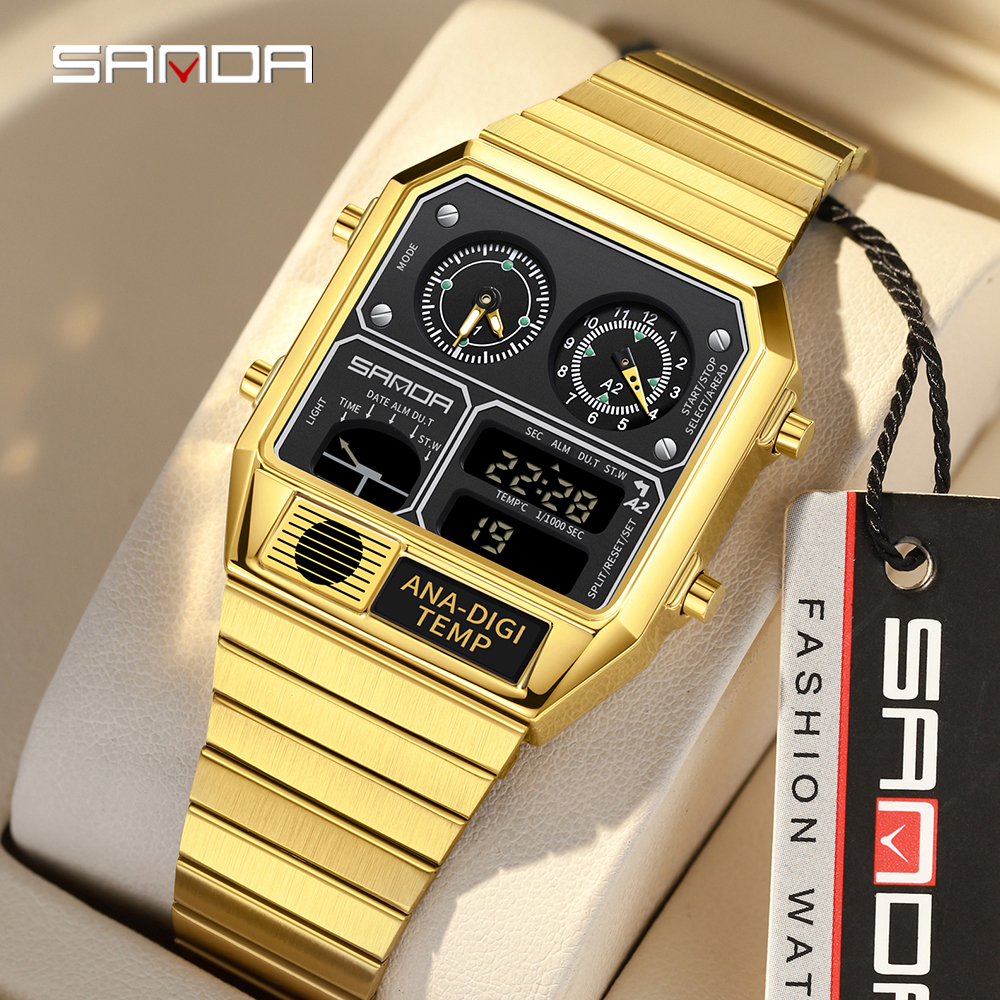 SANDA haut à la mode hommes loisirs montre électronique multifonctionnel thermomètre chronomètre synchronisation montre électronique pour hommes 3192