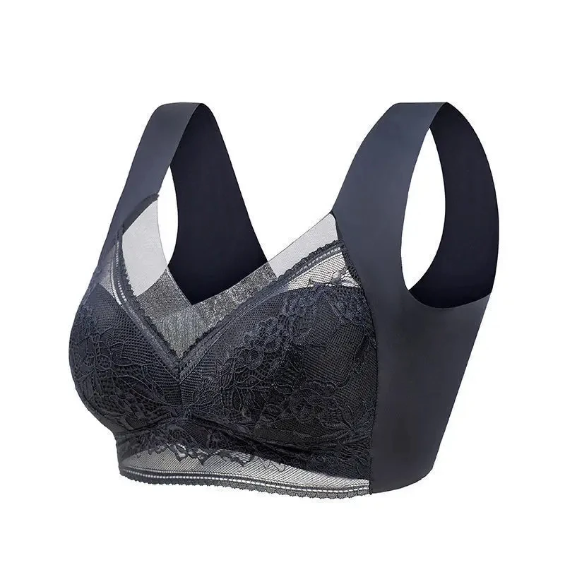 Sujetadores de encaje sexis para mujer, perspectiva de copa completa, sujetador de Color sólido con cuello en V, Top corto sin costuras, lencería transpirable de realce para mujer