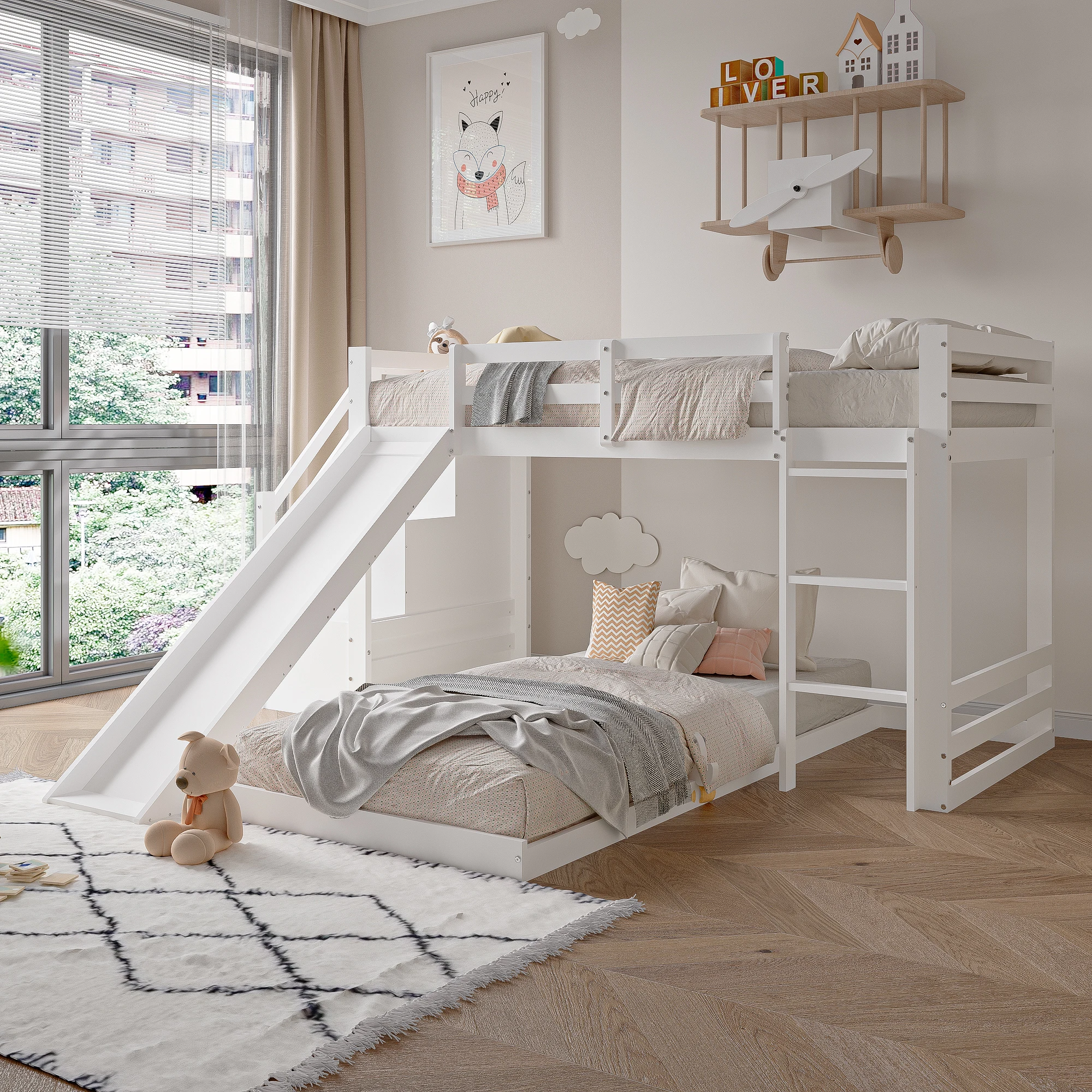 Letto per bambini, letto a castello 90x200 cm con cassetti portaoggetti, letto a castello con protezione anticaduta e scala inclinata, letto in legno massello Fram
