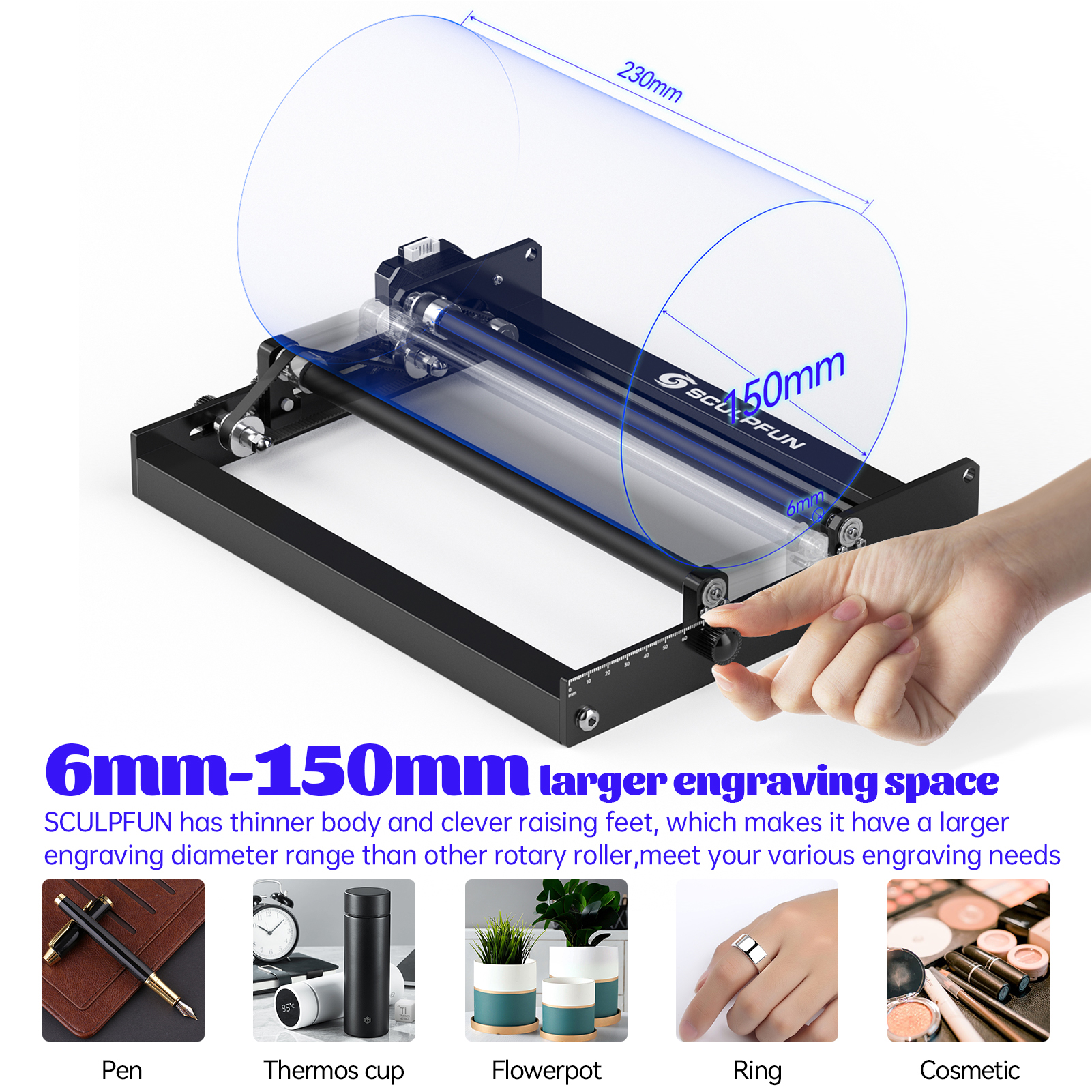 SCULPFUN Laser-Rotationswalze, Lasergravierer, Y-Achse, Rotationswalze 360 ° Drehbar für 6–150 mm verschiedene Gravurdurchmesser