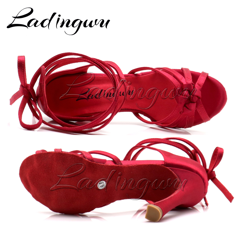 Ladingwu Burgund Satin Latin Dance Schuhe Puttee Vier-Band Knoten Salsa Tanzschuhe Ballsaal Tango Tanzschuhe