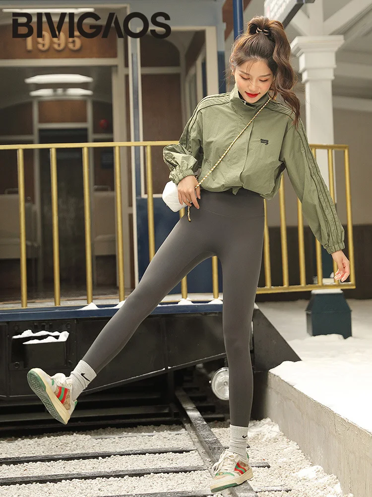 BIVIGAOS Thịt Cừu Nhung Ấm Cá Mập Quần Nữ Thu Đông Cao Cấp Mỏng Quần Legging Nữ Nỉ Liền Mạch Sharkskin Quần Legging