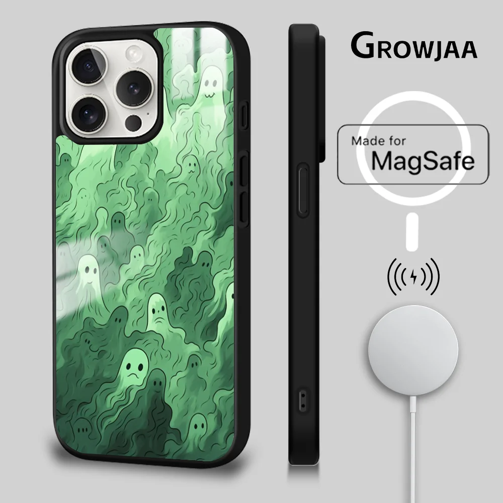 Casing ponsel hijau hantu Magsafe lucu, penutup magnetik nirkabel cermin tahan guncangan Mini untuk iPhone 15 14 13 12 11 Pro Max Plus