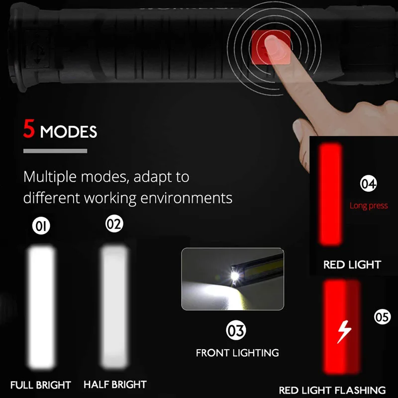 Linterna LED COB portátil, luz de trabajo recargable por USB, linterna magnética plegable, lámpara colgante, lámpara de reparación de automóviles, antorcha de Camping