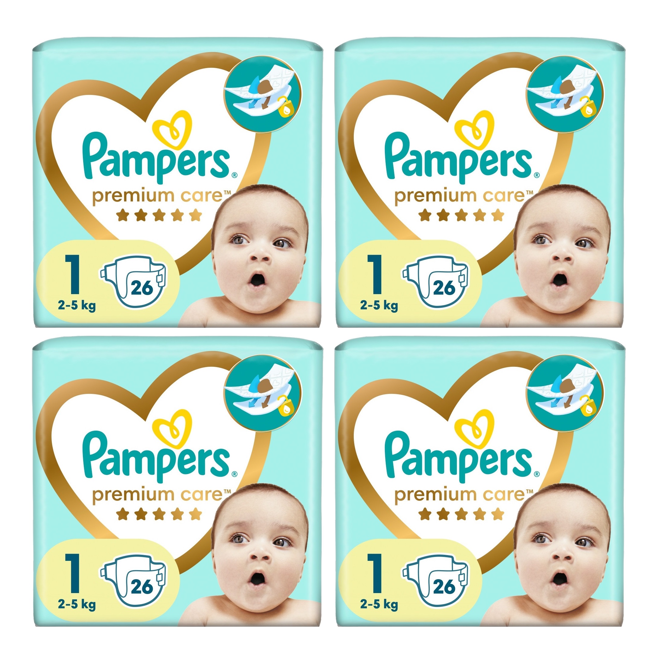 4x Pieluchy PAMPERS Premium Care roz 1 (2-5 kg) 26 szt