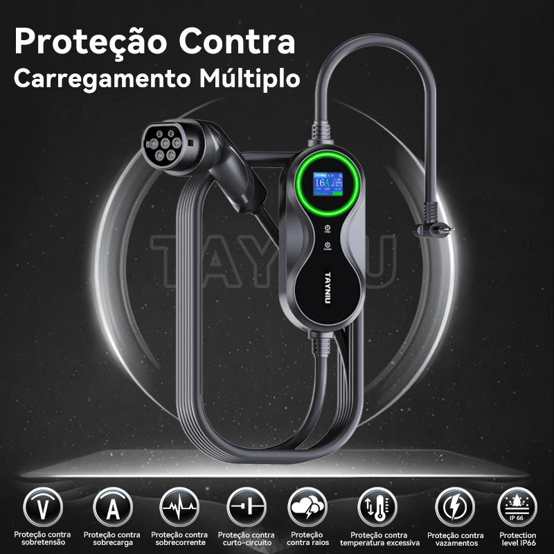 TAYNIU Infinity Carregador Portátil 7KW 32A Bivolt para Carro Elétrico com 7 Níveis de Ajuste de Corrente e Cabo 5M 80V-260V