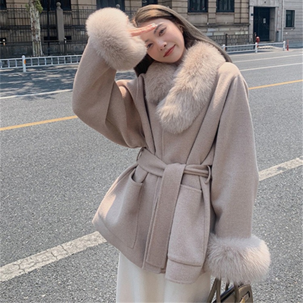 2024 moda coreana casaco de lã com cinto feminino inverno sólido gola de pele de raposa grosso quente longo senhoras rendas até casaco de lã outwear