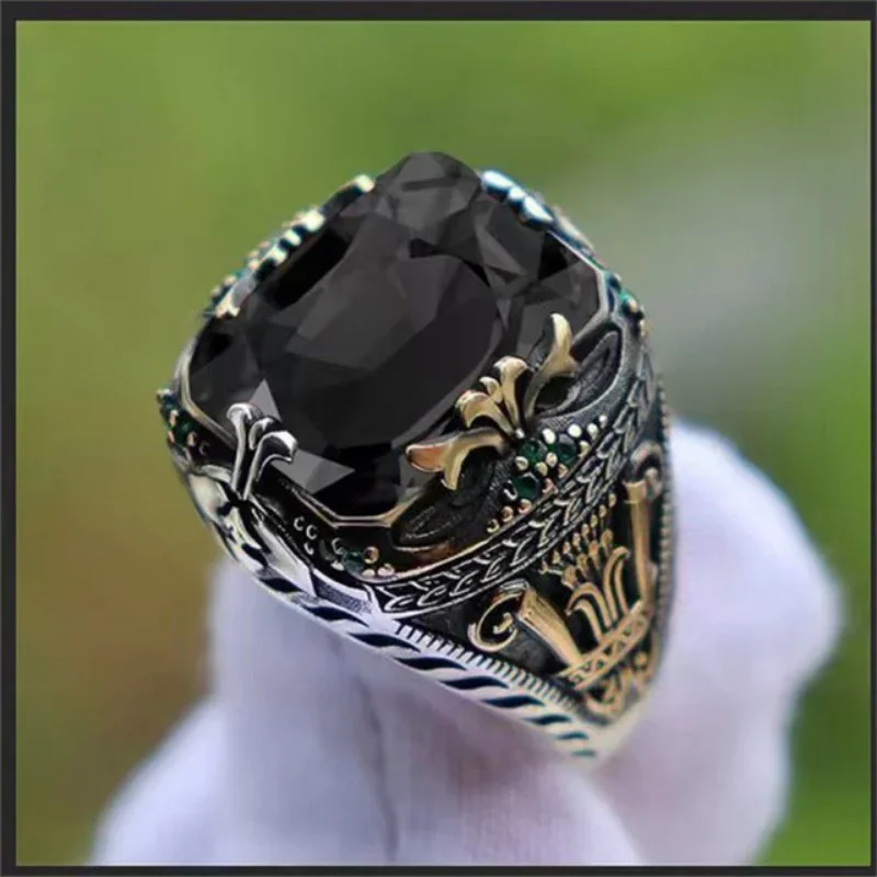 Retro Handmade Thổ Nhĩ Kỳ Signet Nhẫn Nam Cổ Màu Bạc Khắc Nhẫn Thần Bí Zircon Ốp Hoa Mới Punk Xe Máy Biker Nhẫn
