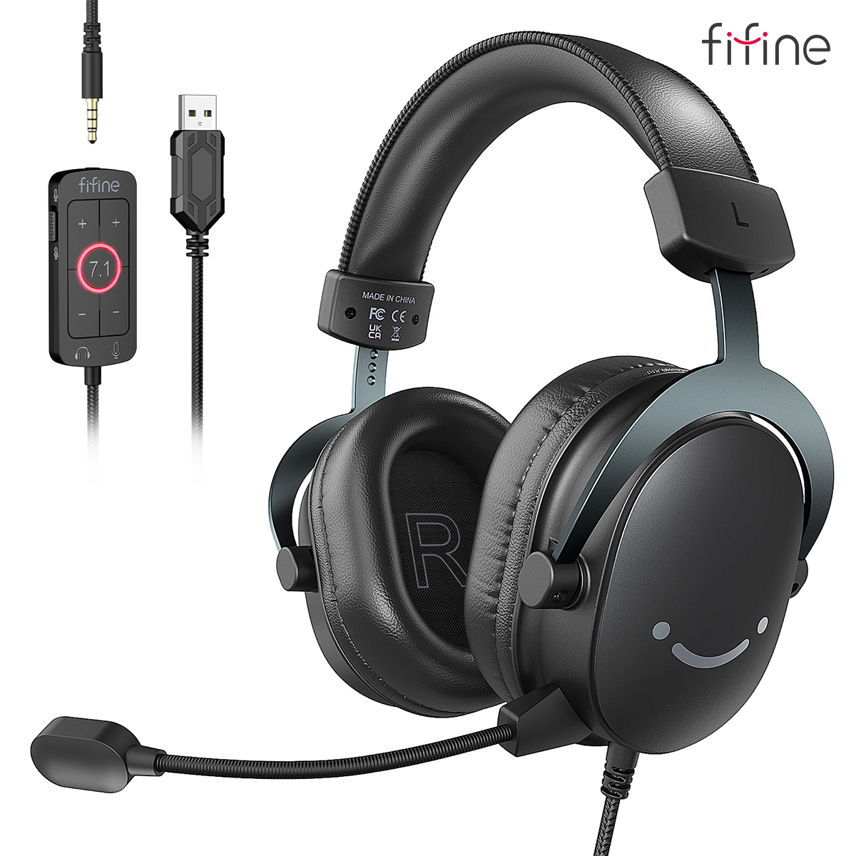 FIFINE ヘッドセット、3.5 mm ジャック & USB ヘッドフォン、7.1 サラウンド サウンド/ボリューム コントラル/ミュート スイッチ付き PC/MAC/PS4/PS5 ミキサー-H9