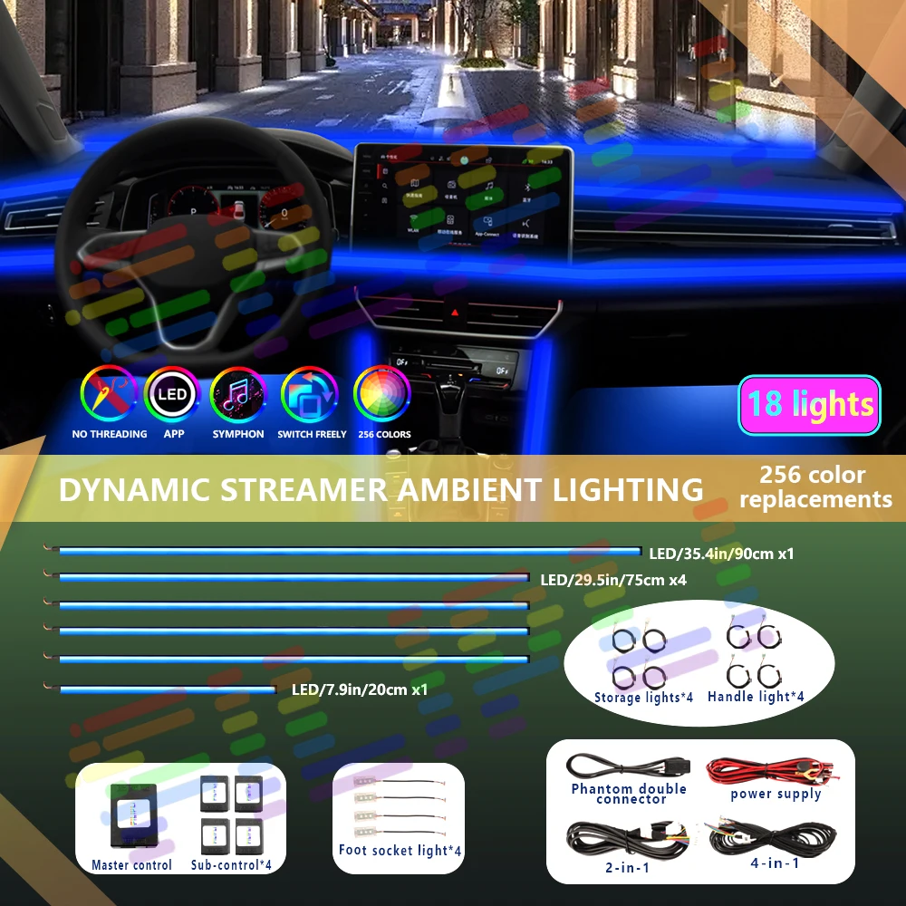 Kit de Luz Atmosfera Interior do Carro, Dual Zone, 64 Cores, Arco-íris, Neon, Bluetooth App, Sinfonia, RGB Acrílico, Luzes Ambiente, 18, 22 em 1