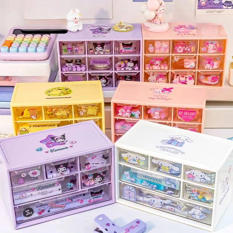Sanrio 3 Tier Storage Boxes Kuromi Melody Pom Pom Purin Anime Figure Organizer Box Transparent 6 Grid Drawer-Type Storagebox