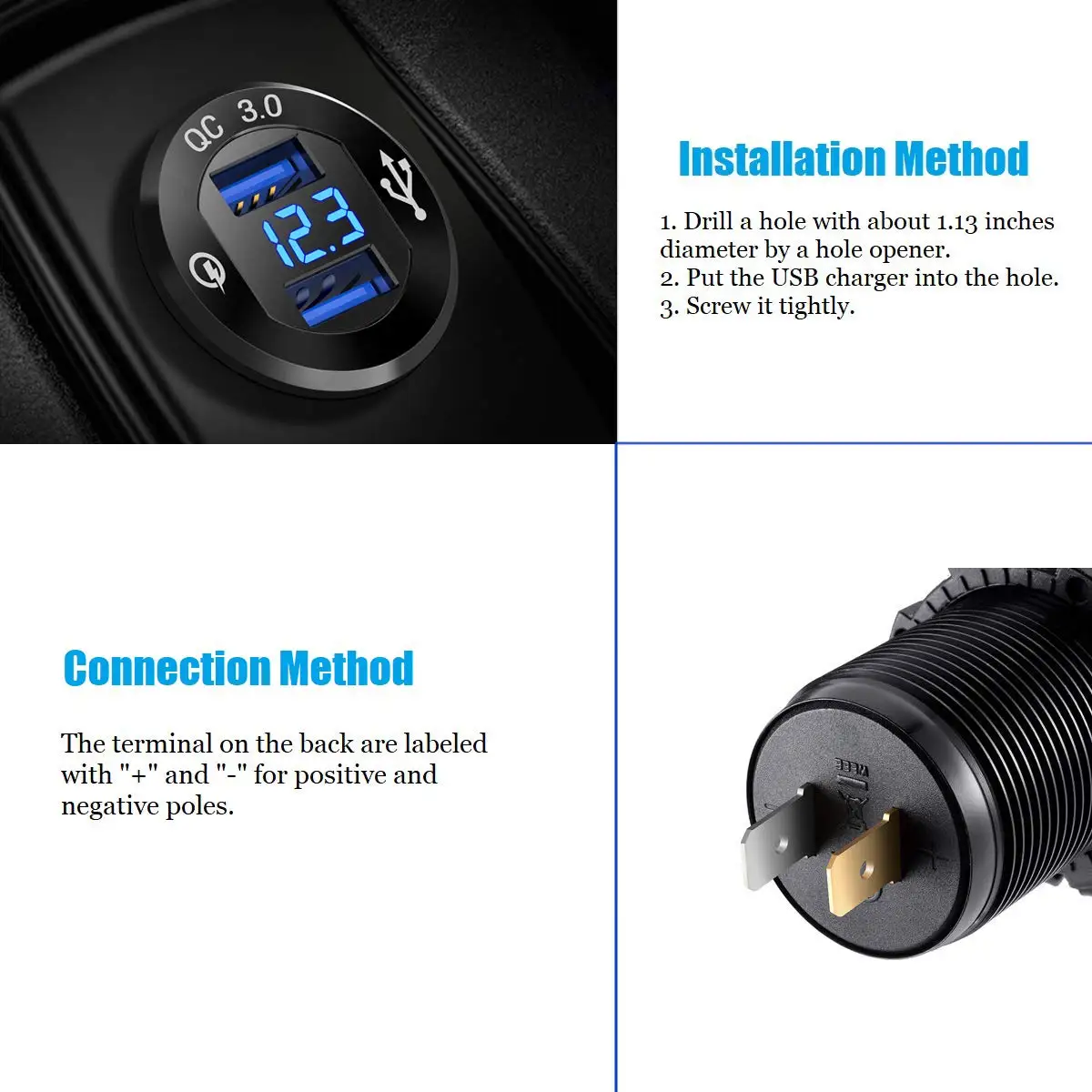 Ursuniot-cargador de coche QC3.0 de aluminio con voltímetro LED, adaptador de corriente con puertos USB duales, KIT DIY para motocicleta, barco y camión de 12V/24V