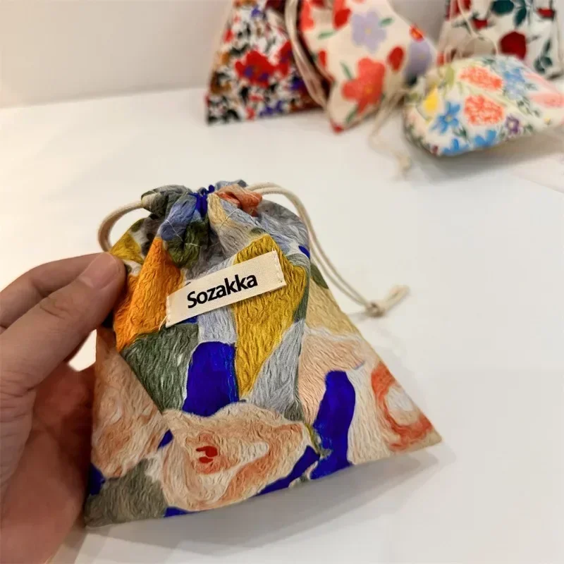 꽃 Drawstring 립스틱 세면 용품 화장품 가방 패션 소녀 동전 가방 지갑 키 이어폰 코튼 메이크업 주최자 포켓 가방