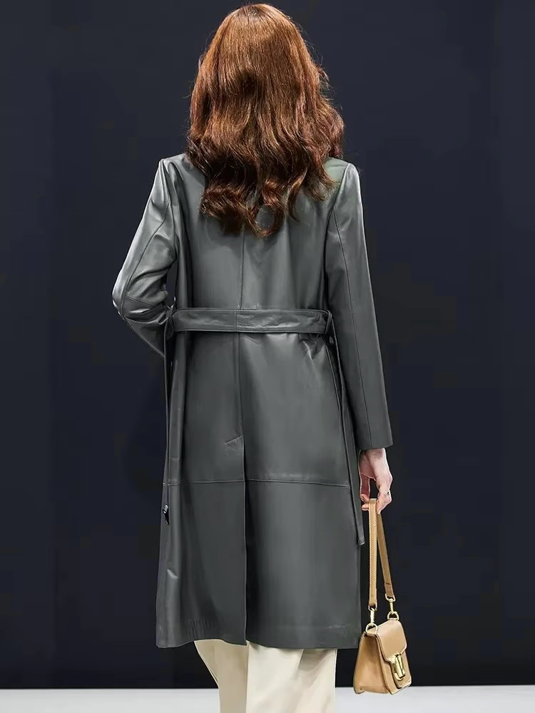 Top Quality Women Sheepskin Long Windbreaker Trench Coat Single Breasted Belted Elegant Office Lady Work Genuine Leather Jacket
