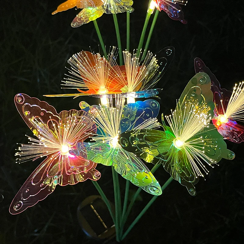 1 unidad de luz LED Solar de fibra óptica con 6 cabezales de mariposa, decoración para exteriores, luz de césped, decoración de ambiente de jardín