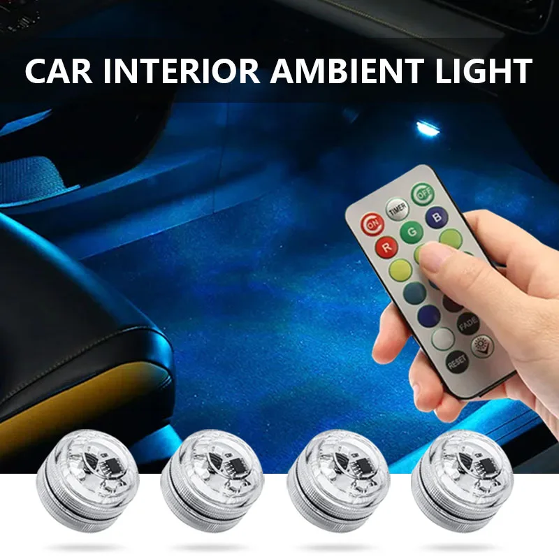 ไฟ LED ติดภายในรถสร้างบรรยากาศแบบไร้สายมีรีโมทคอนโทรลตกแต่งหลังคาเท้าอัตโนมัติโคมไฟปลายจักรยาน