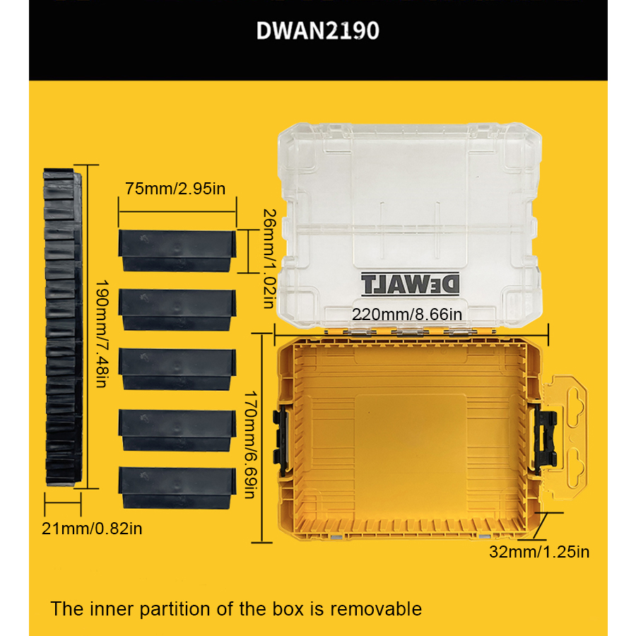 DEWALT Mittelstarkes Kofferset/Teilbox, Aufbewahrungsbox, transparenter Kunststoff, multifunktionale stapelbare Box DWAN2190