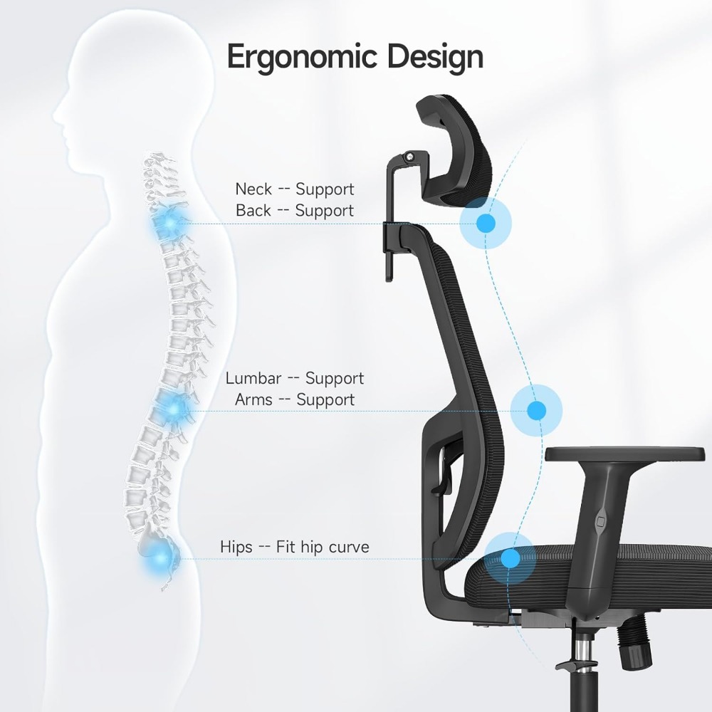 Ergonomic Office Chair with 2D Headrest & PU Liftable Arms, High Back Mesh Desk Chair with Tilt Lock Function Office Chairs