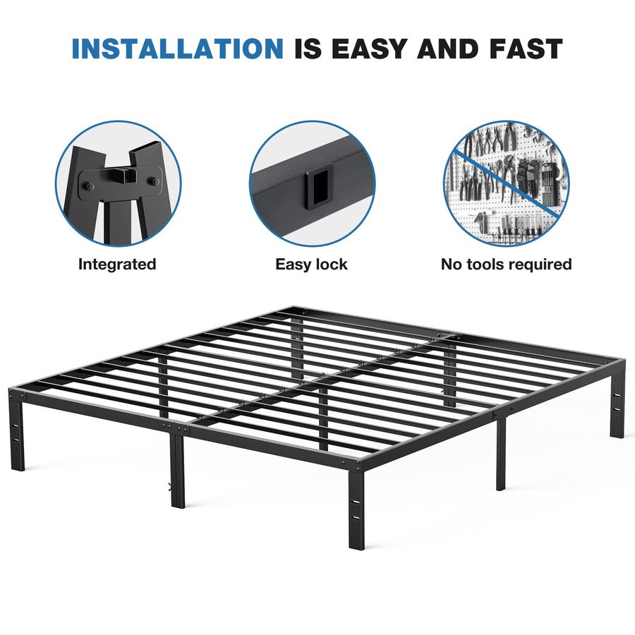 Metal Queen Bed Frame 14in High with Storage Space, No Box Spring Needed with Sturdy Steel Slat Support, 2200LBS Heavy Duty for