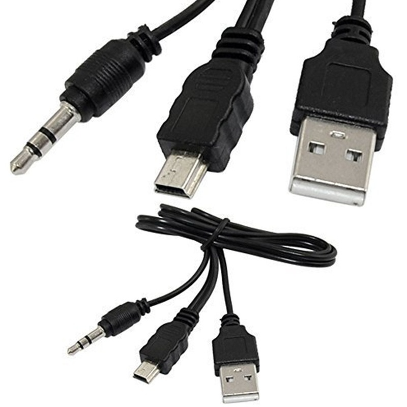 Hochwertiger schwarzer USB2.0-A-Stecker auf Mini-B-Stecker + 3,5-mm-Audio-AUX-1 auf 2 Audiokabel, Adapter-Ladekabel, 0,5 m