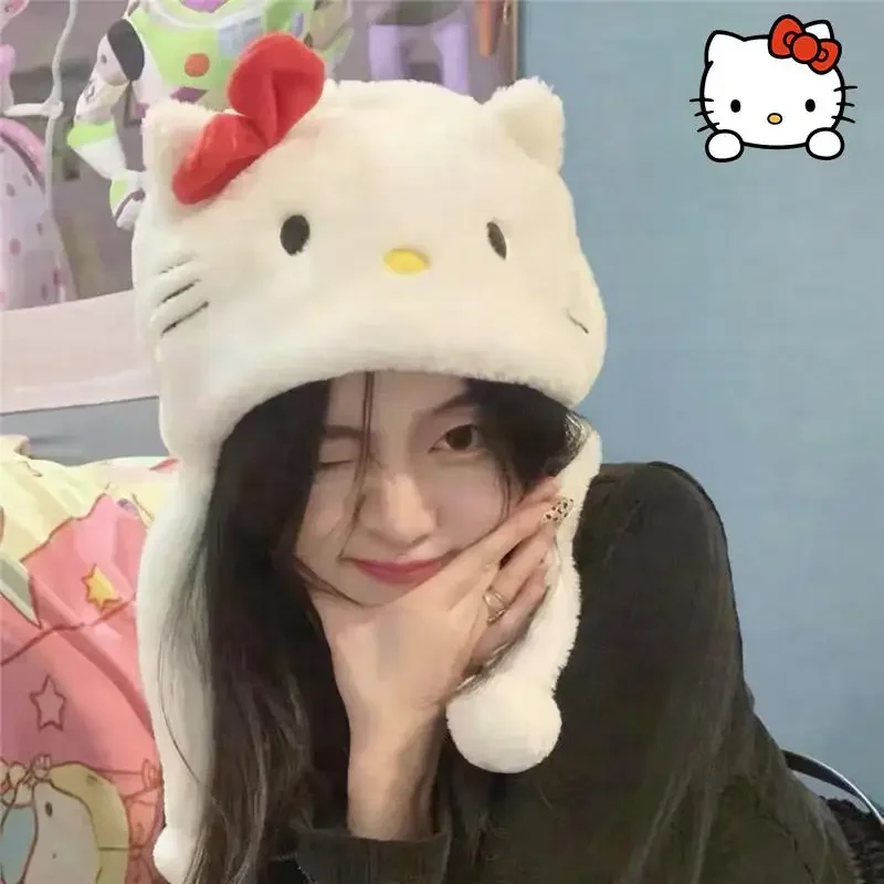 Gorro de felpa Kawaii Hello Kitty Sanrioed Anime Otoño Invierno dibujos animados lindo dulce chica espesar mantener caliente protección para los oídos regalo del Festival