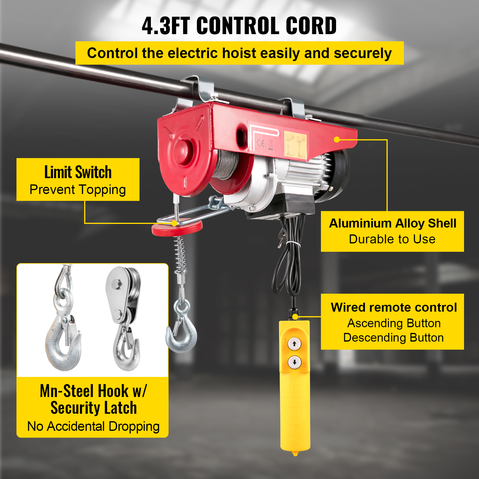 VEVOR Grue de levage électrique à câble 200-1200kg avec télécommande pour bateau/ voiture /garage et ascenseur