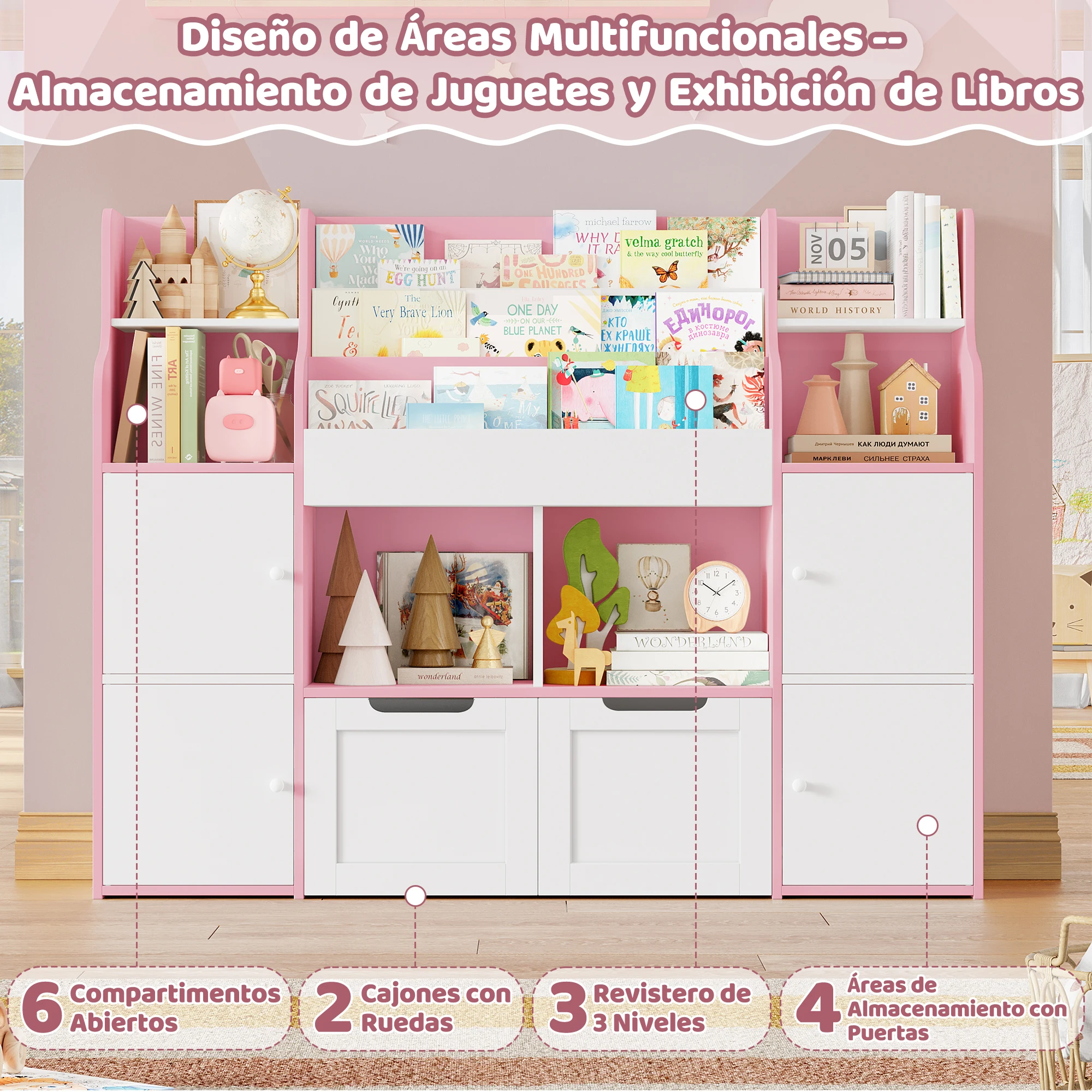 Getone Estantería Infantil, Organizador de Juguetes para Niños, Mueble Almacenaje Juguetes, Librería Infantil Montessori, Con 13 estantes, 2 puertas, 2 cajones con ruedas 122x30x100cm