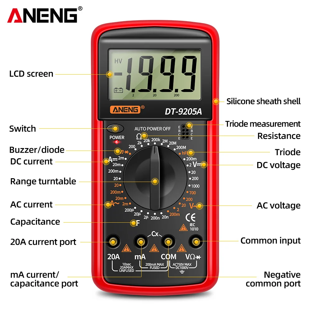 ANENG DT9205A デジタルプロフェッショナルマルチメータ AC/DC 電圧電流テスト容量 NCV 抵抗オーム電気テストメーターも