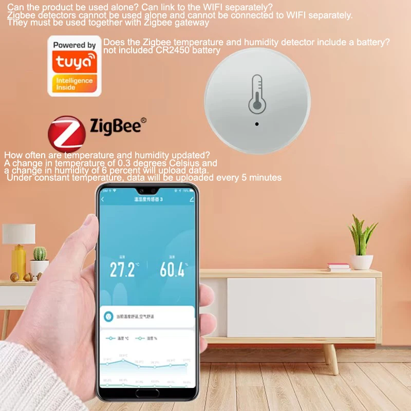Czujnik temperatury i wilgotności Tuya Zigbee, sterowanie głosowe, inteligentny higrometr domowy, monitorowanie w czasie rzeczywistym, sterowanie głosowe, bez baterii.
