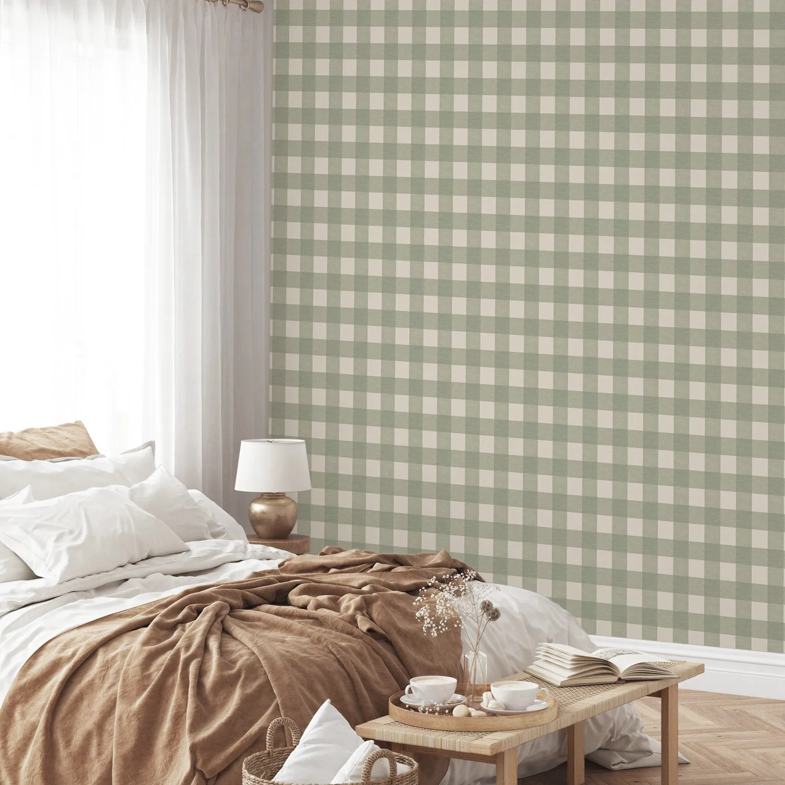 Gingham Checks วอลล์เปเปอร์ลายสก๊อต,Neutral สีเขียวขนาดใหญ่วอลล์เปเปอร์ที่ถอดออกได้สําหรับตกแต่งห้องนอน,Self-กาวสติ๊กเกอร์ติดผนังม้วน