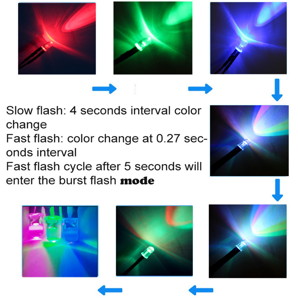 5 mm mehrfarbige, langsam/schnell blinkende RGB-LED-Diode, blinkende Leuchtdioden, 2 Pins, klare runde Linse