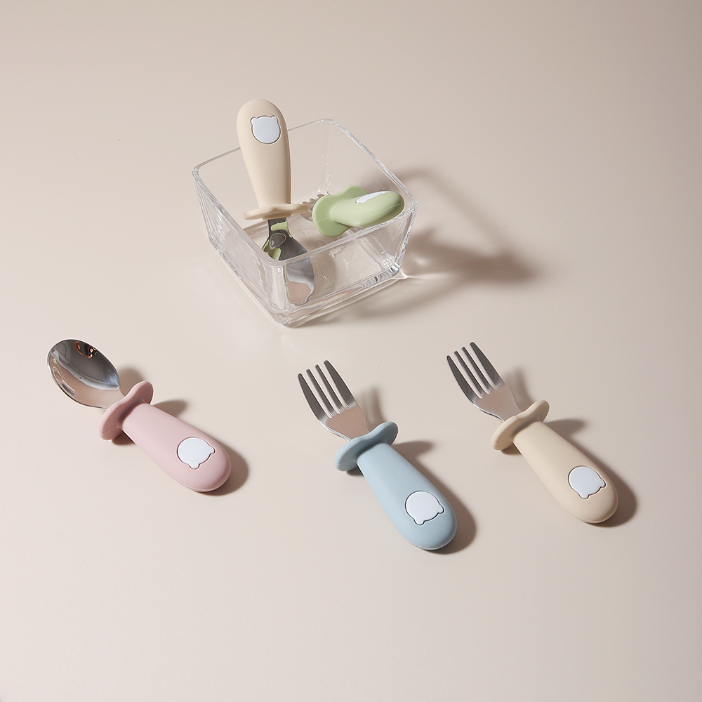Colher e garfo de silicone em forma de panda para bebê, colher de alimentação de bebê em aço inoxidável