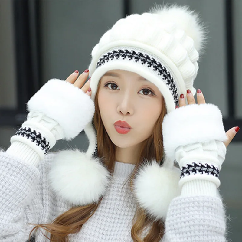 Conjunto de guantes y gorro para mujer y niña, decoración de bolas de piel tejida para mantener el calor, gorros bonitos a la moda, conjunto de 2 piezas para invierno