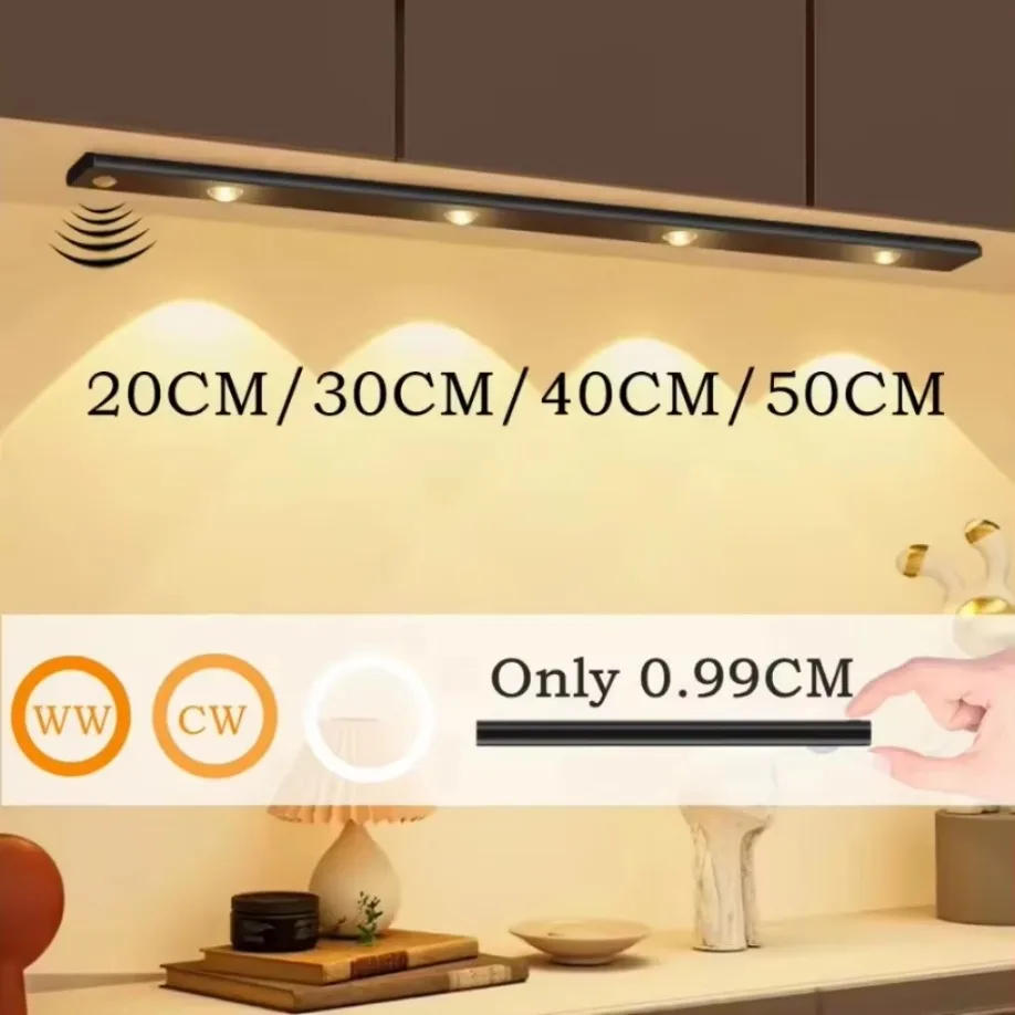 Luz LED nocturna con Sensor de movimiento regulable de 3 colores para iluminación de armario de cocina lámpara recargable por USB de 30CM/40CM/50CM/60CM