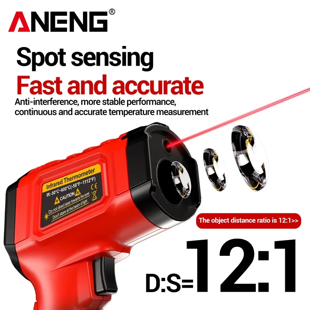 ANENG TH202 Termómetro infrarrojo sin contacto -50~600 ℃   Medidor de temperatura láser digital Pantalla LCD Probador de pistola de puntual de pirómetro