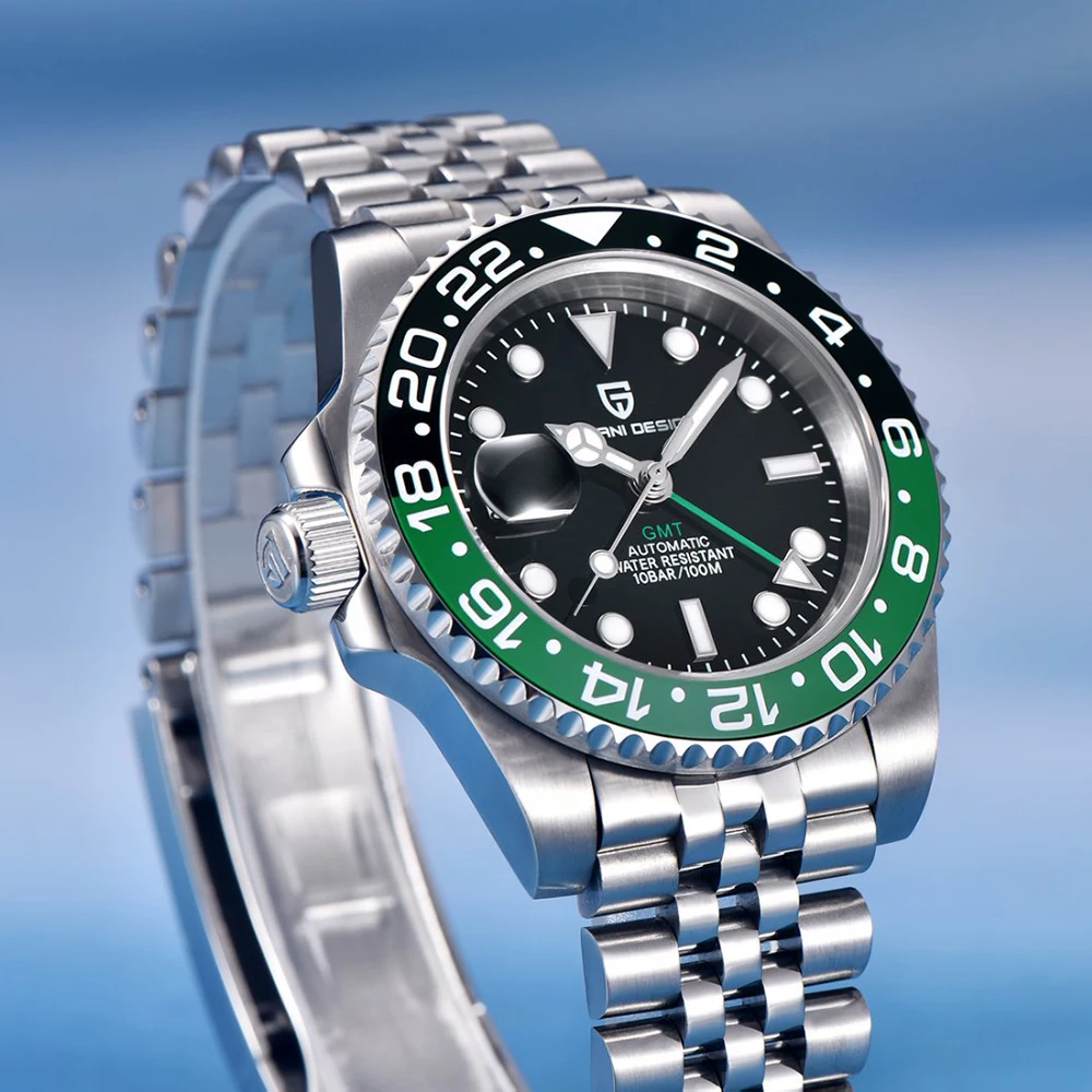 Reloj de pulsera mecánico PAGANI DESIGN para hombres GMT de lujo, reloj de cristal de zafiro de acero inoxidable 100M, relojes automáticos a prueba de agua