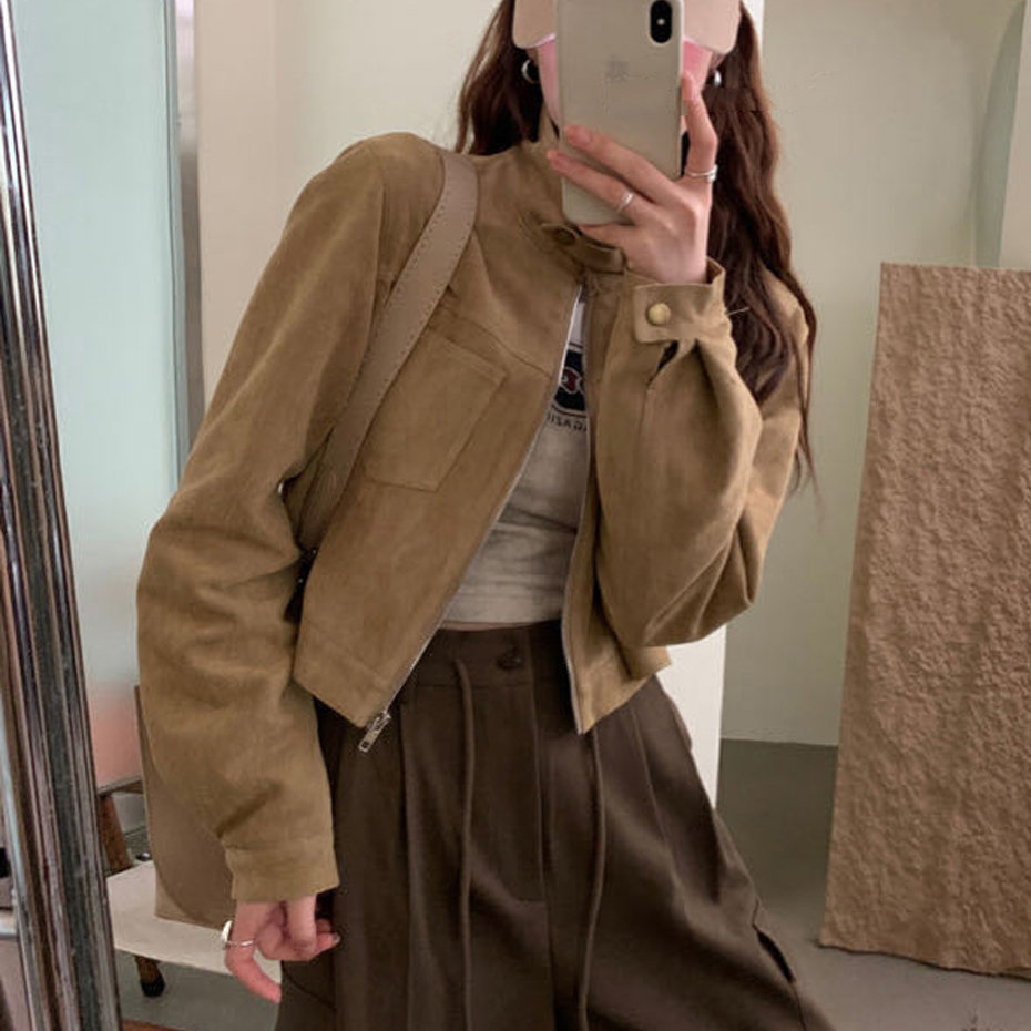 レトロなデザイン鹿皮ベルベット痩身ショートジャケットトップ 5 色ハイカラージッパー閉鎖長袖カジュアル女性のアウター