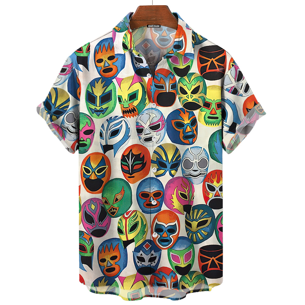 Camisa con estampado de máscara 3d para hombre, camisa de manga corta de lucha libre de verano, camisa hawaiana informal para hombre, ropa holgada de lucha mexicana