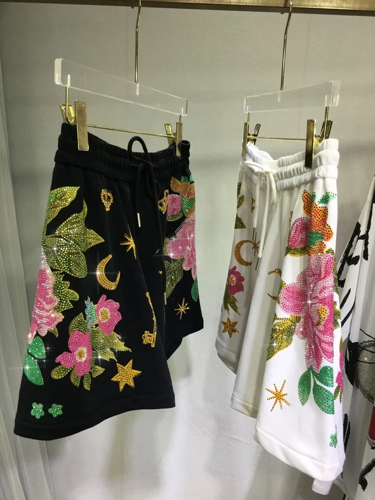 Oversized strass diamant hoge taille zwarte verstelbare taille wijde pijpen broek Damesshort