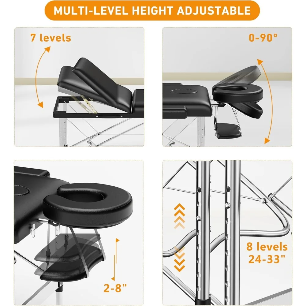 Massage Table Portable  Professional 3 Sections Reclining Massage Bed Lash Bed, Aluminium Adjustable