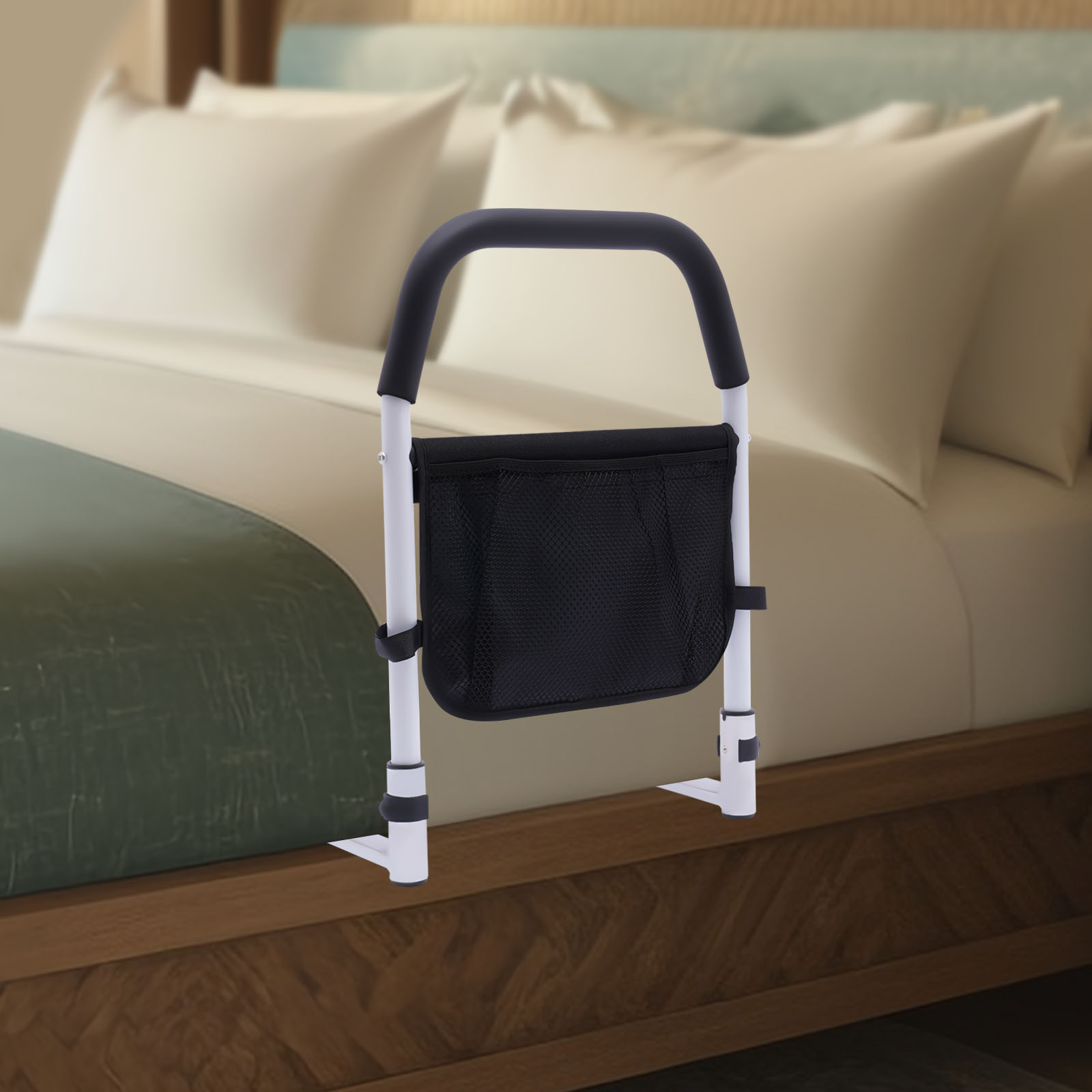 Senior Disabled Bed Assist Rail Grab Bar High-Carbon Steel Bedside Handrail With Storage Pocket
