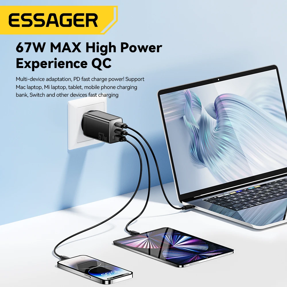 Essager 67W GaN USB Type C Charger PPS 65W Fast Charge For Samsung QC 4.0 PD 3.0 iPhone 15 14 13 Pro Huawei Phone Laptop Chagers